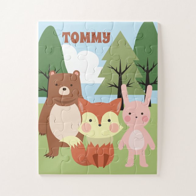 Forest Friends Personalized Fox Bear Bunny Puzzle (Vertical)