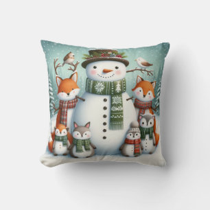 Forest Friends Snowman Family Christmas Throw Pillow