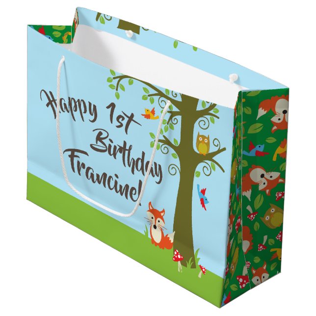 Forest Friends Woodland Cute 1st Birthday Party Large Gift Bag (Front Angled)