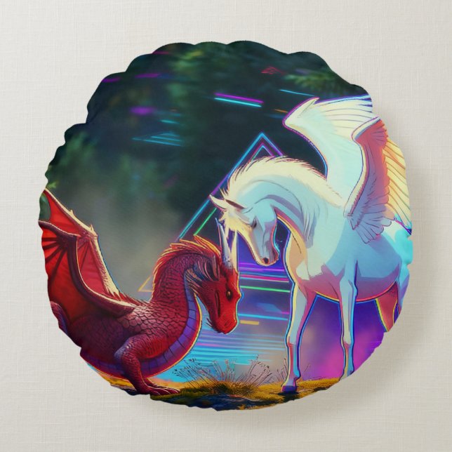 Forest Friends - Young Dragon and Young Pegasus Round Pillow (Front)