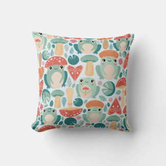 Forest Frogs and Mushrooms Pattern Throw Pillow