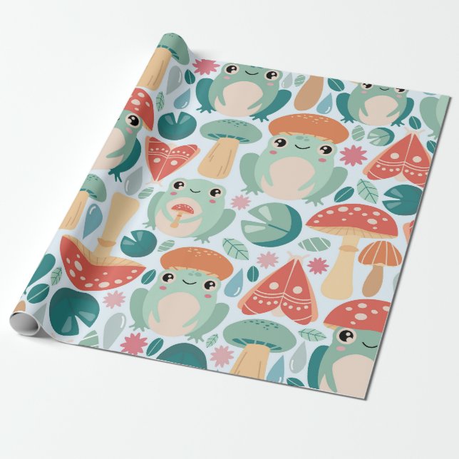 Forest Frogs and Mushrooms Pattern Wrapping Paper (Unrolled)