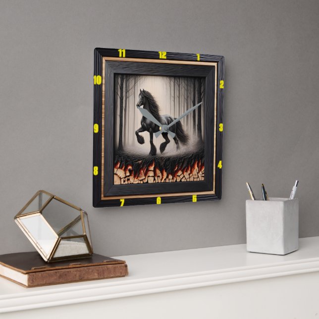 Forest Gallop: Personalized Charred Wood Friesian Square Wall Clock (Office)