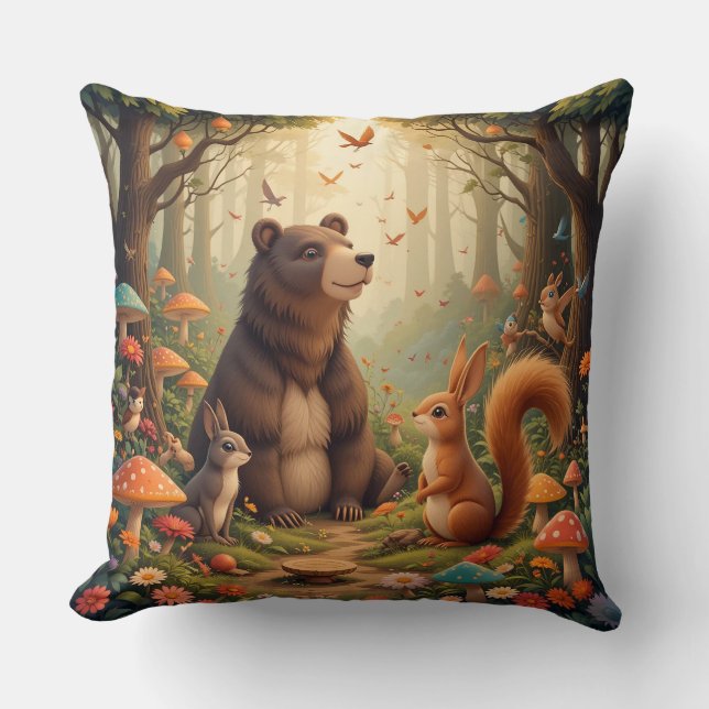 Forest Gathering of Cute Animals Throw Pillow (Front)
