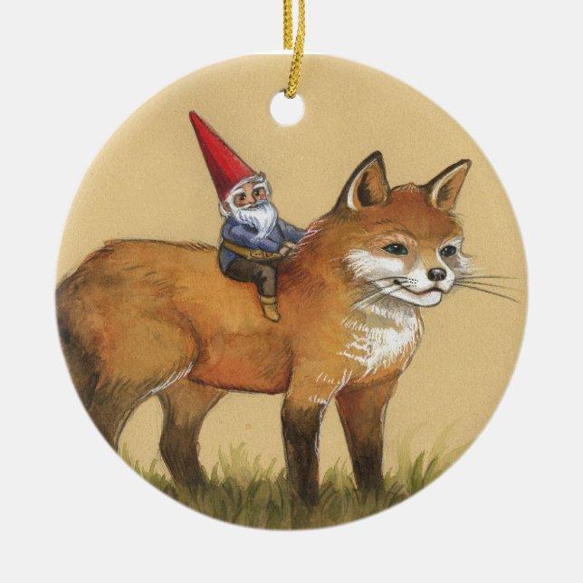Forest Gnome and Red Fox Ceramic Ornament (Front)