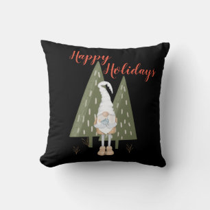 Forest Gnome Happy Holidays Black Throw Pillow
