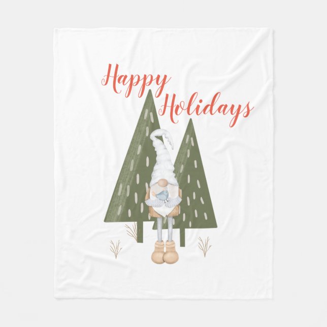 Forest Gnome Happy Holidays Fleece Blanket (Front)