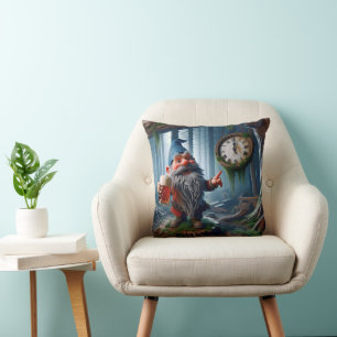 Forest Gnome On Five o'clock Time Throw Pillow