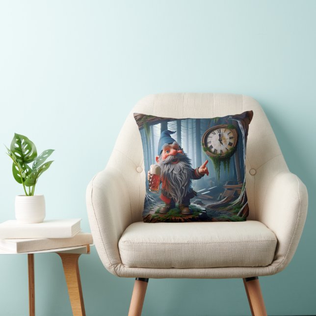 Forest Gnome On Five o'clock Time Throw Pillow (Chair)