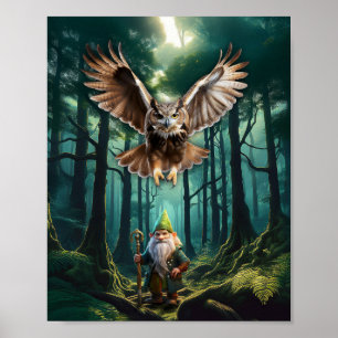 Forest Gnome With His Horned Owl Guardian Poster