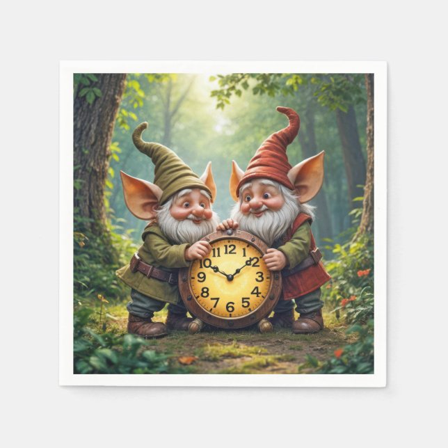 Forest Gnomes With Old Clock Napkin (Front)