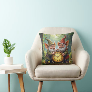 Forest Gnomes With Old Clock Throw Pillow