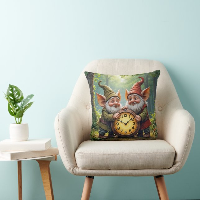 Forest Gnomes With Old Clock Throw Pillow (Chair)