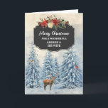 Forest Godson and His Wife Merry Christmas Card<br><div class="desc">Merry Christmas for godson and his wife card with rustic country chalkboard pattern and snowy watercolor forest scene with deer and birds.</div>