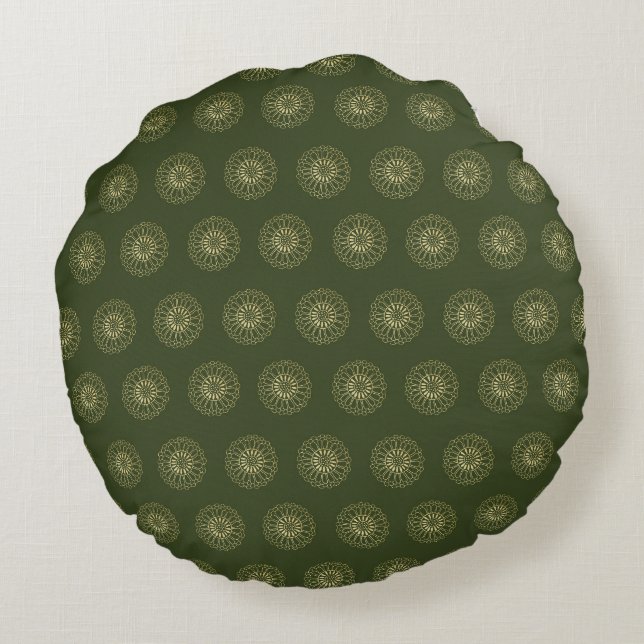 Forest | Golden Zinnia Flower Medallions Round Pillow (Back)