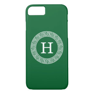 Forest Gr Wht Greek Key Rnd Frame Initial Monogram iPhone 8/7 Case
