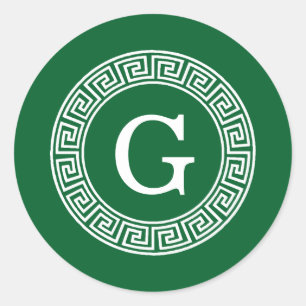 Forest Gr Wht Greek Key Rnd Frame Initial Monogram Classic Round Sticker