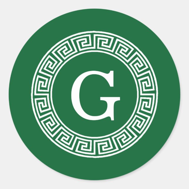 Forest Gr Wht Greek Key Rnd Frame Initial Monogram Classic Round Sticker (Front)