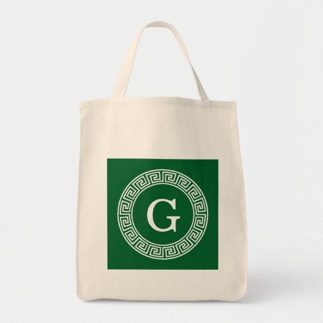 Forest Gr Wht Greek Key Rnd Frame Initial Monogram Tote Bag (Front)