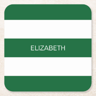 Forest Gr Wht Horiz Preppy Stripe #3 Name Monogram Square Paper Coaster
