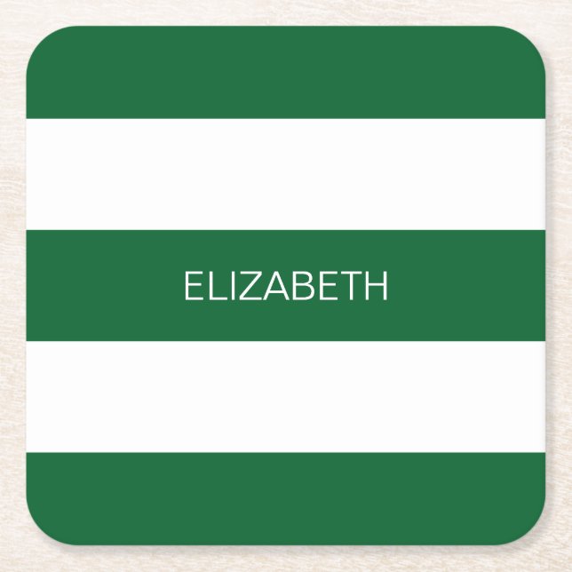 Forest Gr Wht Horiz Preppy Stripe #3 Name Monogram Square Paper Coaster (Front)