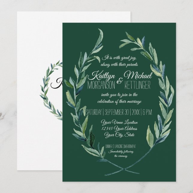 Forest Green 5X7 Laurel Wreath Olive Leaf Foliage Invitation (Front/Back)