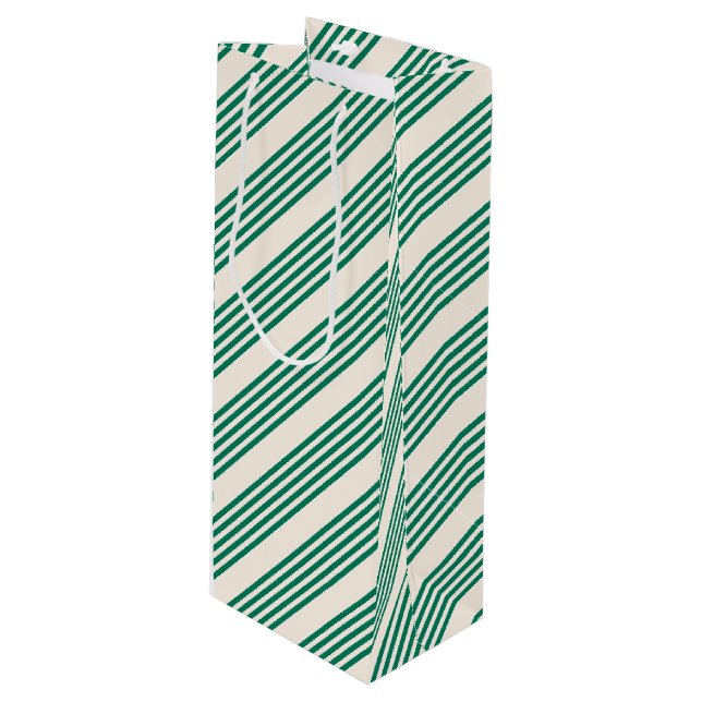 Forest green and beige five stripes pattern wine gift bag (Front Angled)