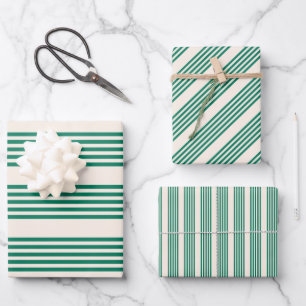 Forest green and beige five stripes pattern wrapping paper sheet