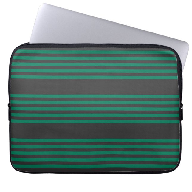 Forest green and charcoal fives stripe pattern laptop sleeve (Front)