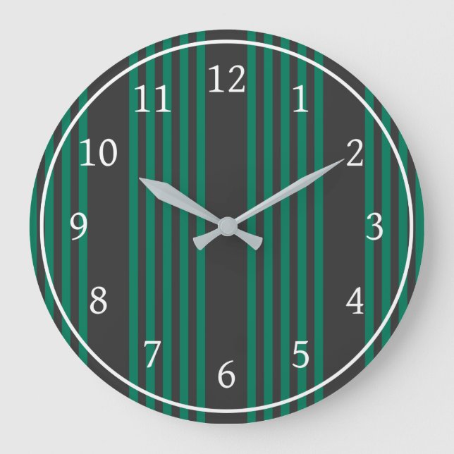 Forest green and charcoal fives stripe pattern large clock (Front)
