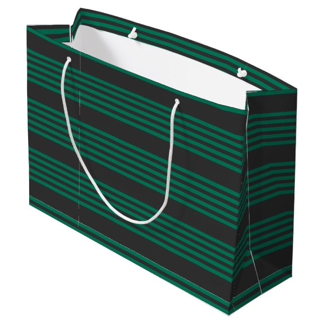 Forest green and charcoal fives stripe pattern large gift bag (Back Angled)