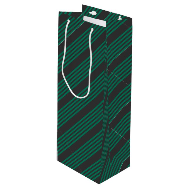 Forest green and charcoal fives stripe pattern wine gift bag (Front Angled)