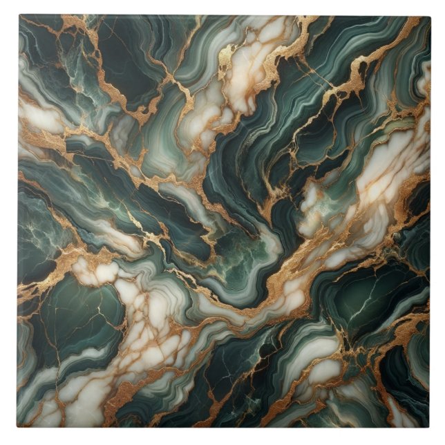 Forest Green and Cream Banded Marble Effect Tile (Front)