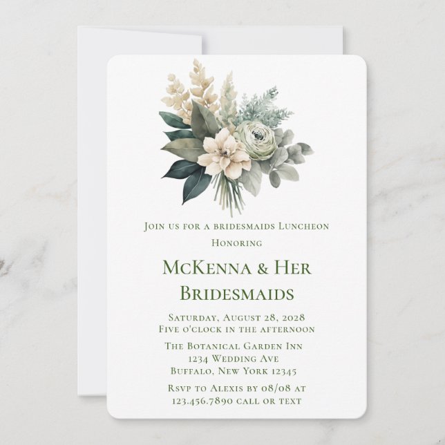 Forest Green and Cream Rose Bridesmaids Luncheon Invitation (Front)