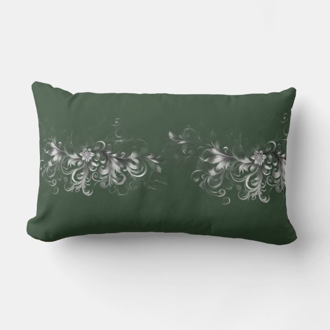 Forest Green and Elegant Silver Lumbar Pillow (Front)