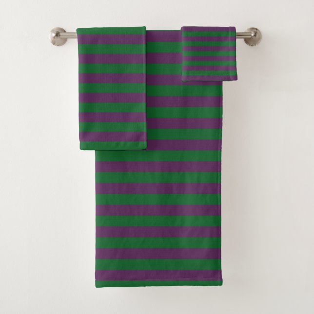 Forest Green and Purple Stripes Bath Towel Set (Insitu)
