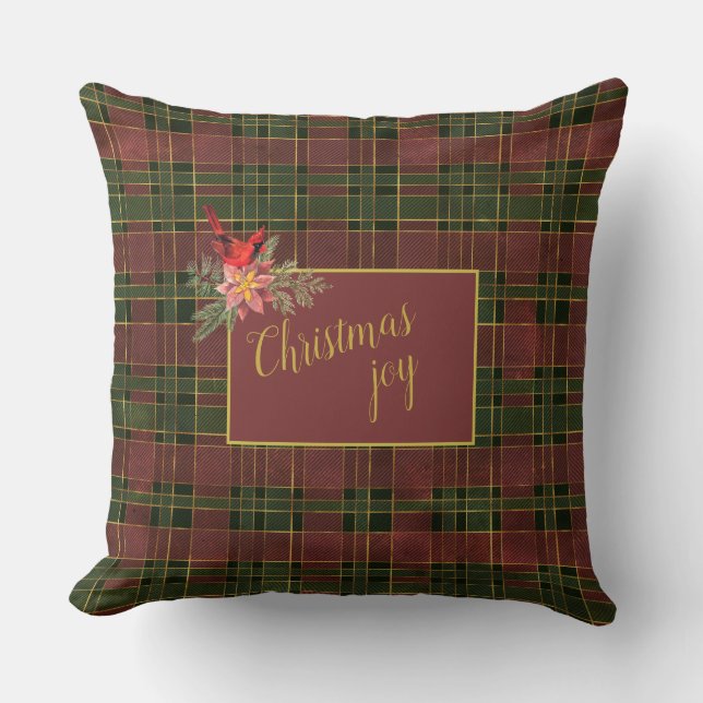 Forest Green and Red Wine Plaid Christmas Cardinal Throw Pillow (Front)