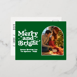 Forest Green and Silver Merry & Bright Retro Xmas Foil Holiday Postcard