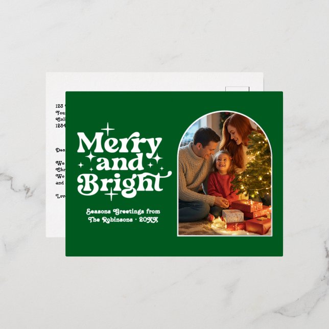Forest Green and Silver Merry & Bright Retro Xmas Foil Holiday Postcard (Front/Back)