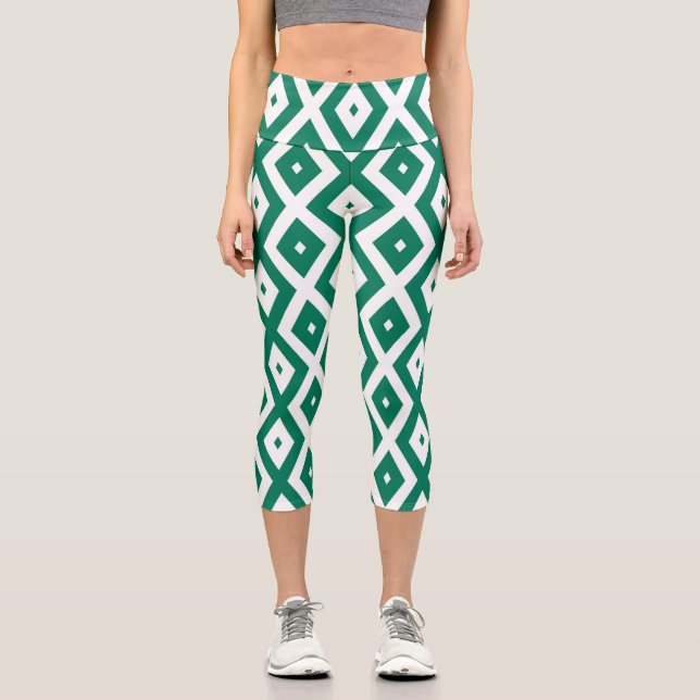 Forest green and white diamond pattern capri leggings (Front)