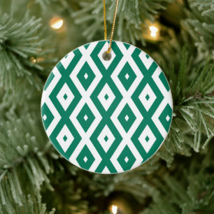 Forest green and white diamond pattern ceramic ornament