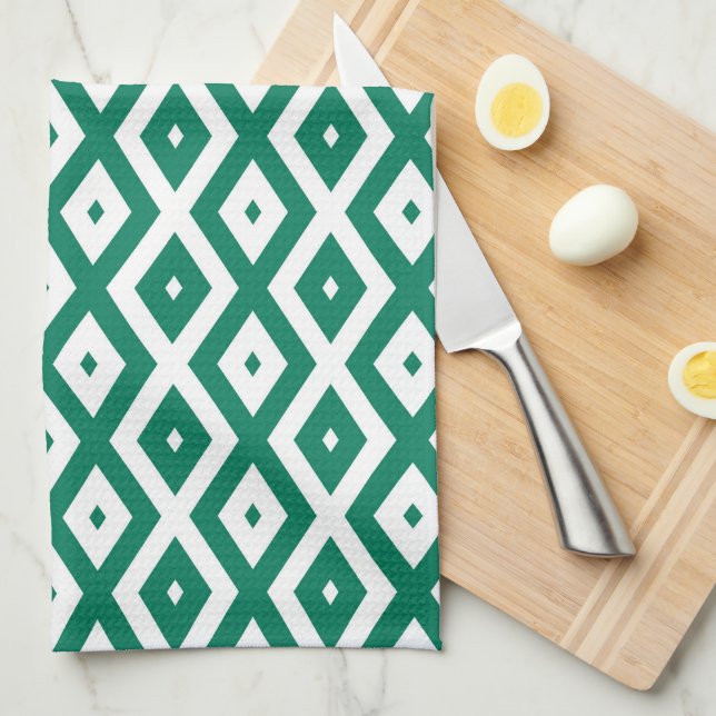 Forest green and white diamond pattern kitchen towel (Quarter Fold)