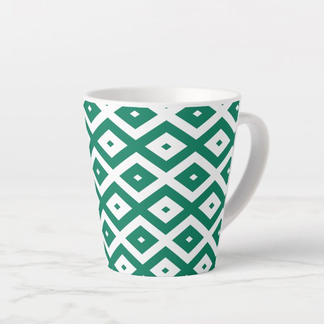 Forest green and white diamond pattern latte mug (Right Angle)