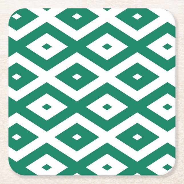 Forest green and white diamond pattern square paper coaster (Front)