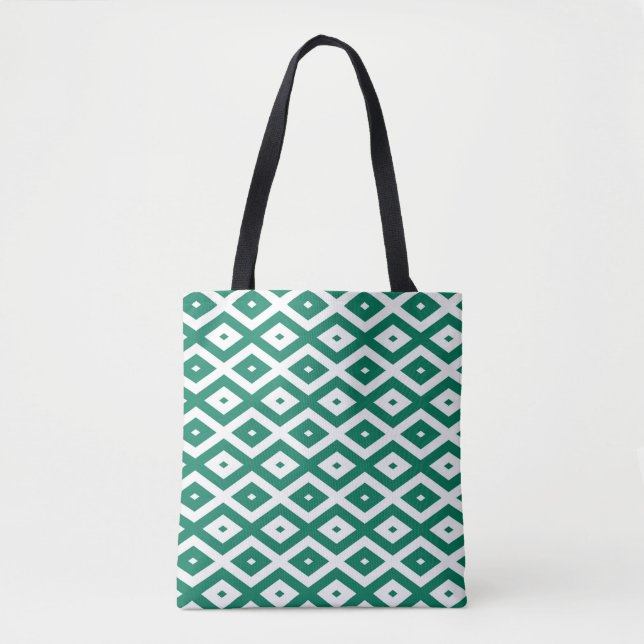 Forest green and white diamond pattern tote bag (Front)