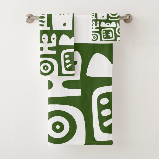 Forest Green and White Doodles 1 of 4 Bath Towel Set (Insitu)