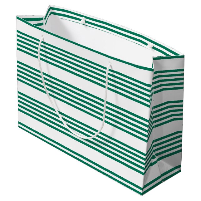 Forest green and white five stripe pattern large gift bag (Back Angled)