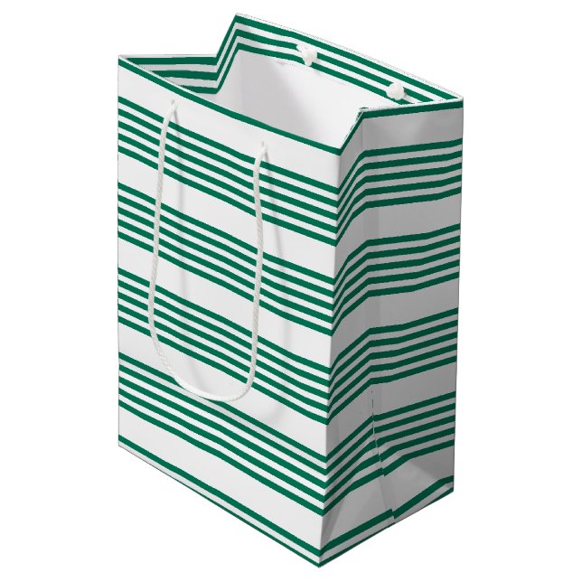 Forest green and white five stripe pattern medium gift bag (Front Angled)