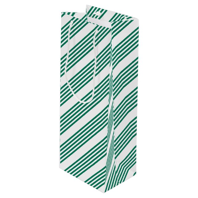 Forest green and white five stripe pattern wine gift bag (Front Angled)