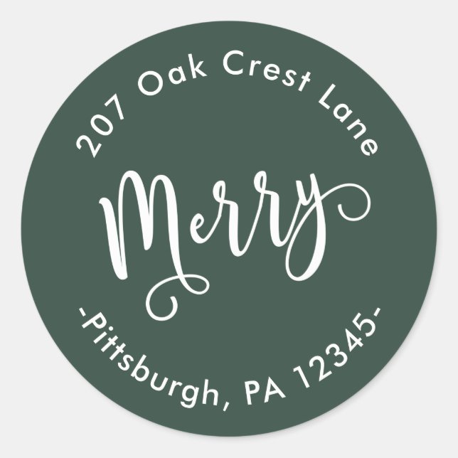 Forest Green and White Merry Script Christmas Classic Round Sticker (Front)